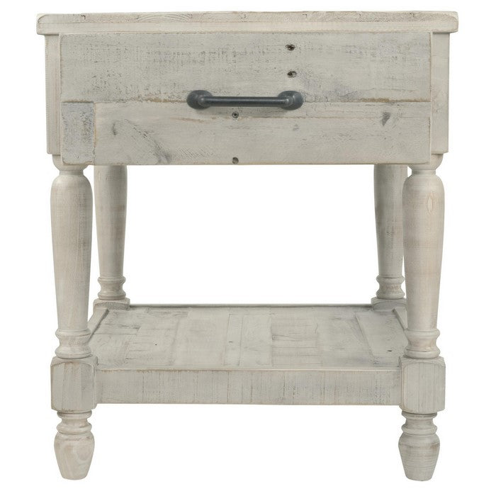 Plank Style End Table with 1 Drawer and Open Bottom Shelf, Washed White