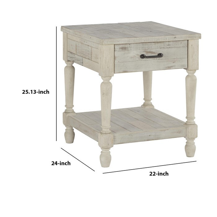 Plank Style End Table with 1 Drawer and Open Bottom Shelf, Washed White
