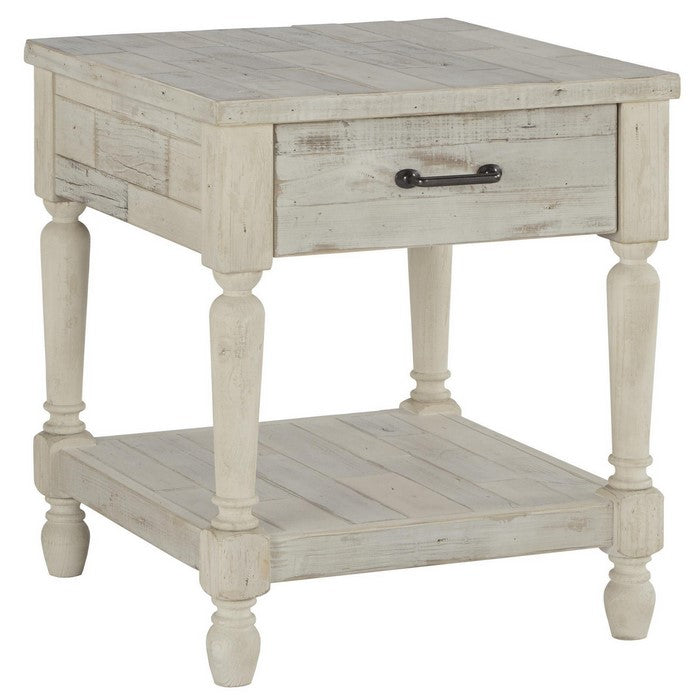 Plank Style End Table with 1 Drawer and Open Bottom Shelf, Washed White