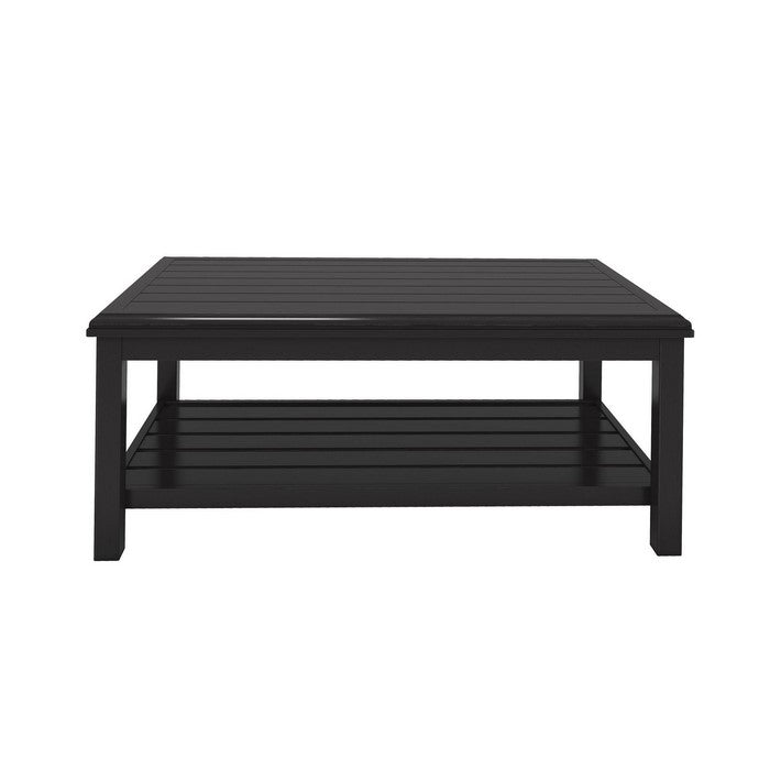 Plank Style Rectangular Metal Cocktail Table with Open Shelf, Black