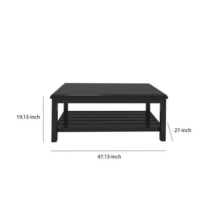 Plank Style Rectangular Metal Cocktail Table with Open Shelf, Black