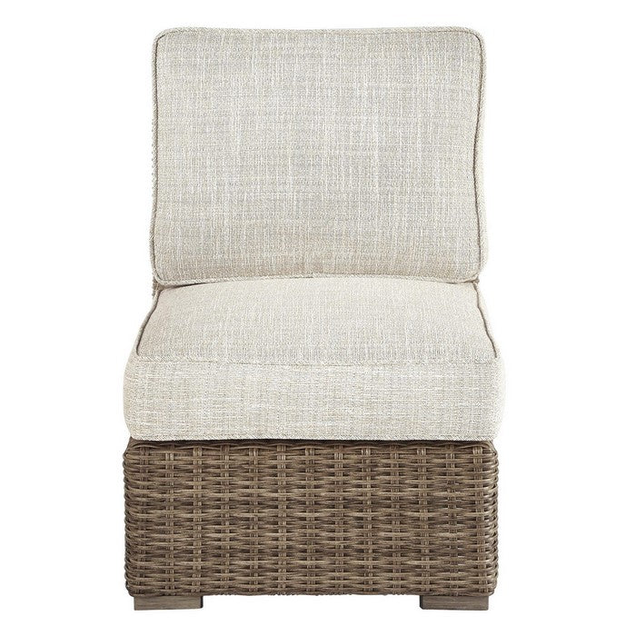 Handwoven Wicker Frame Fabric Upholstered Armless Chair, Beige and Brown