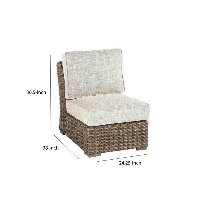 Handwoven Wicker Frame Fabric Upholstered Armless Chair, Beige and Brown