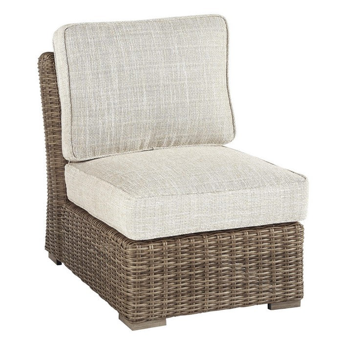 Handwoven Wicker Frame Fabric Upholstered Armless Chair, Beige and Brown