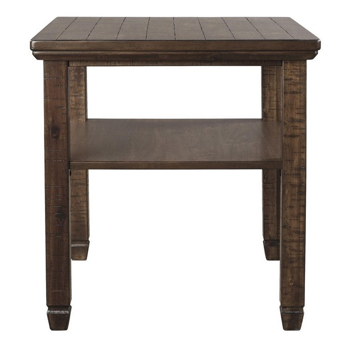 Plank Style End Table with Open Bottom Shelf and Tapered Feet, Brown