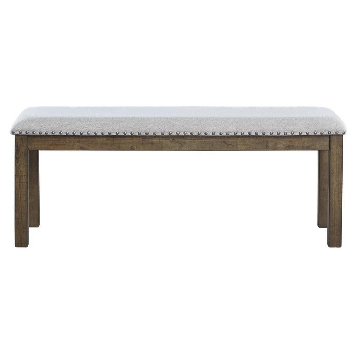 Nailhead Trim Wooden Dining Bench with Fabric Upholstery, Brown and Gray