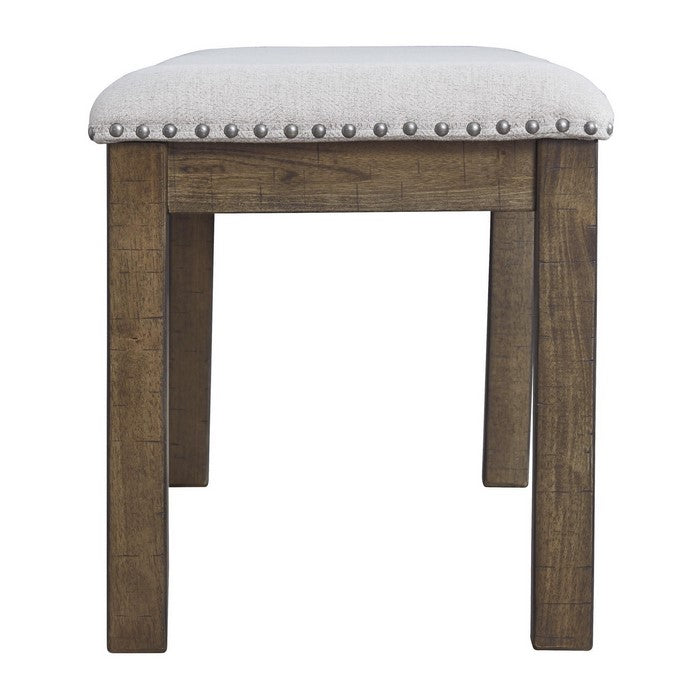Nailhead Trim Wooden Dining Bench with Fabric Upholstery, Brown and Gray
