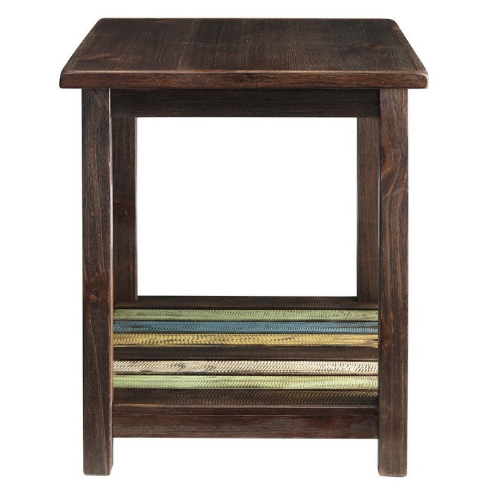 Wooden End Table with Slated Open Bottom Shelf and Block Legs, Brown