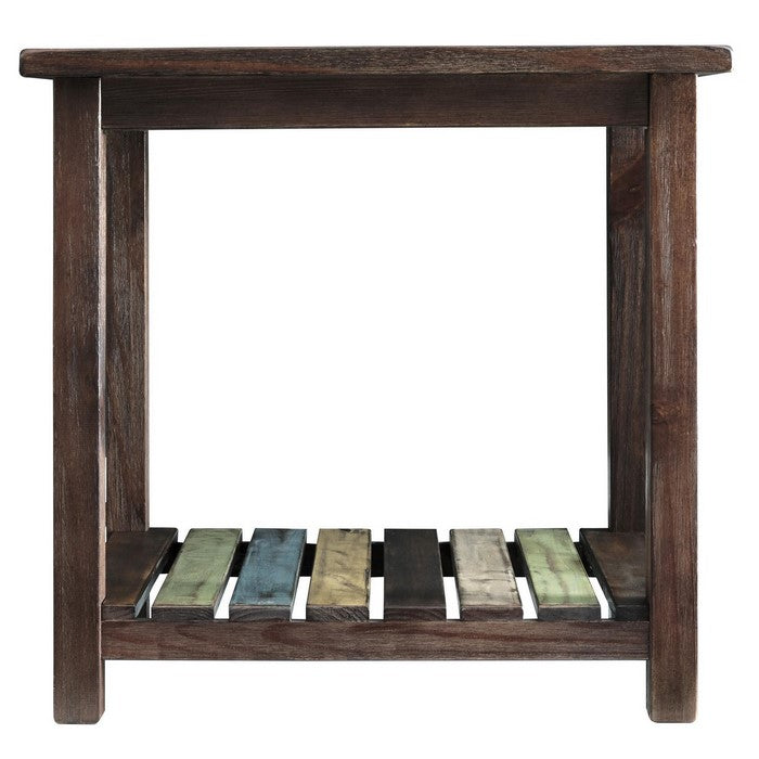 Wooden End Table with Slated Open Bottom Shelf and Block Legs, Brown