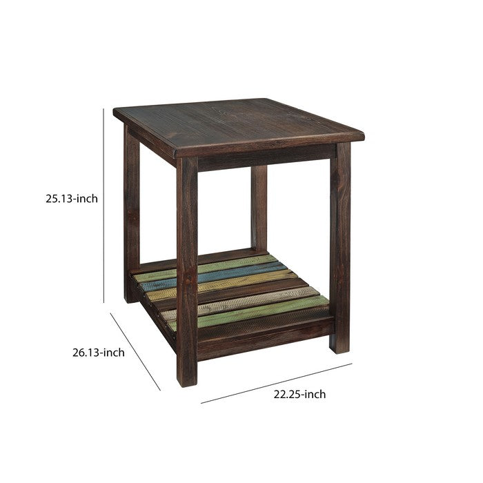 Wooden End Table with Slated Open Bottom Shelf and Block Legs, Brown
