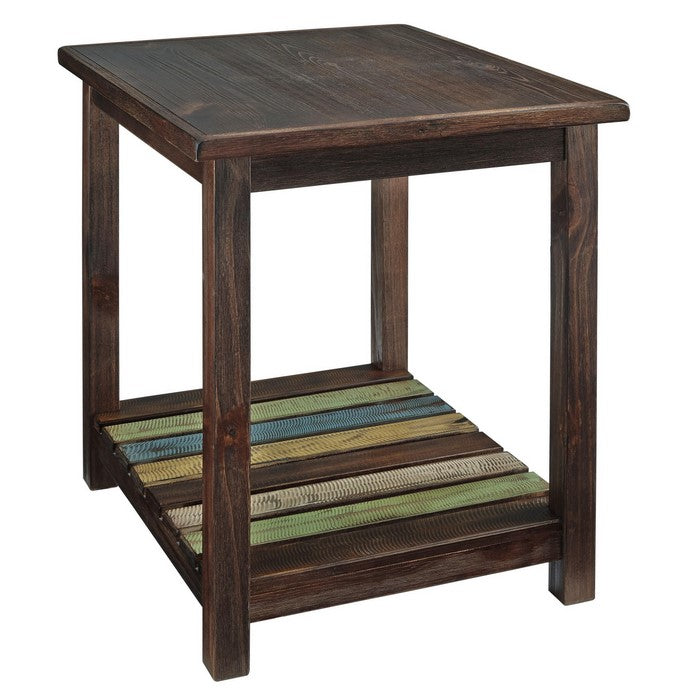 Wooden End Table with Slated Open Bottom Shelf and Block Legs, Brown