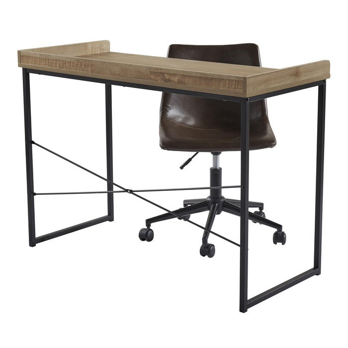 Contemporary Wooden Rectangular Office Desk with Metal Support Stand, Brown