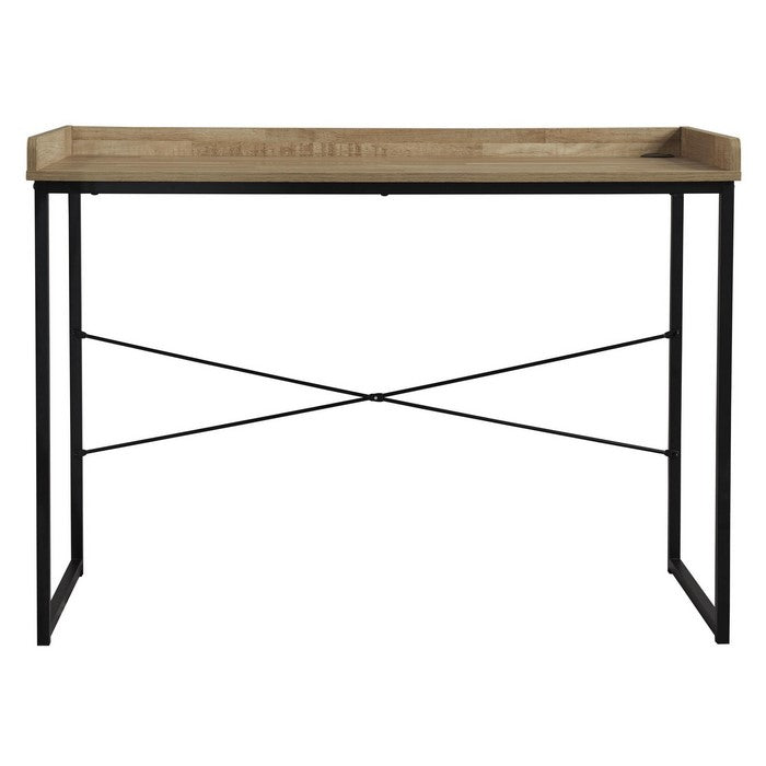 Contemporary Wooden Rectangular Office Desk with Metal Support Stand, Brown