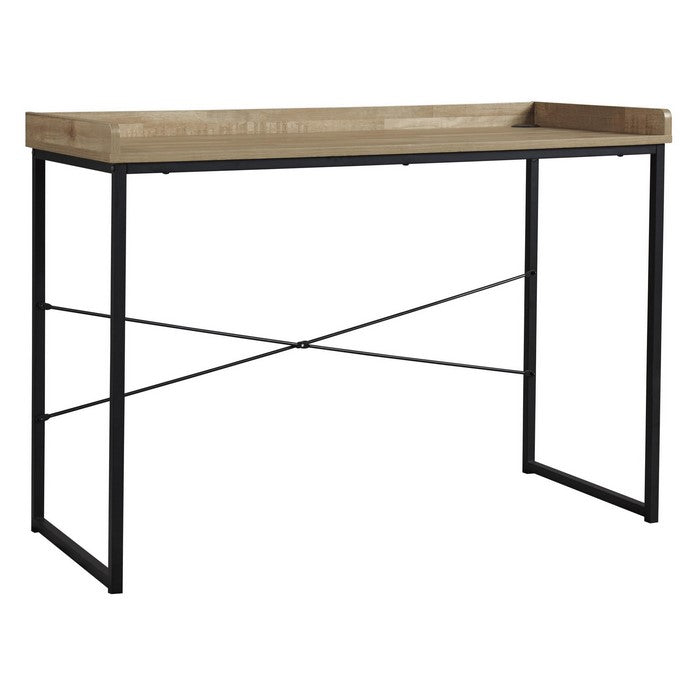 Contemporary Wooden Rectangular Office Desk with Metal Support Stand, Brown