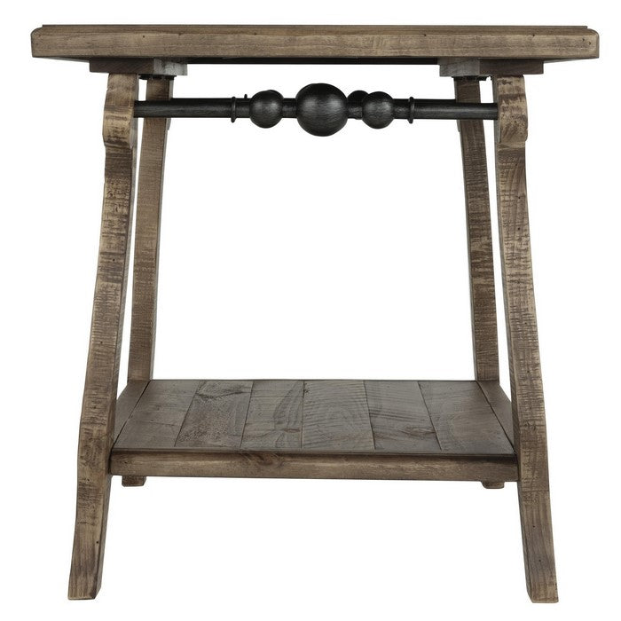 Plank Style Wooden End Table with Open Bottom Shelf and Metal Bar, Brown