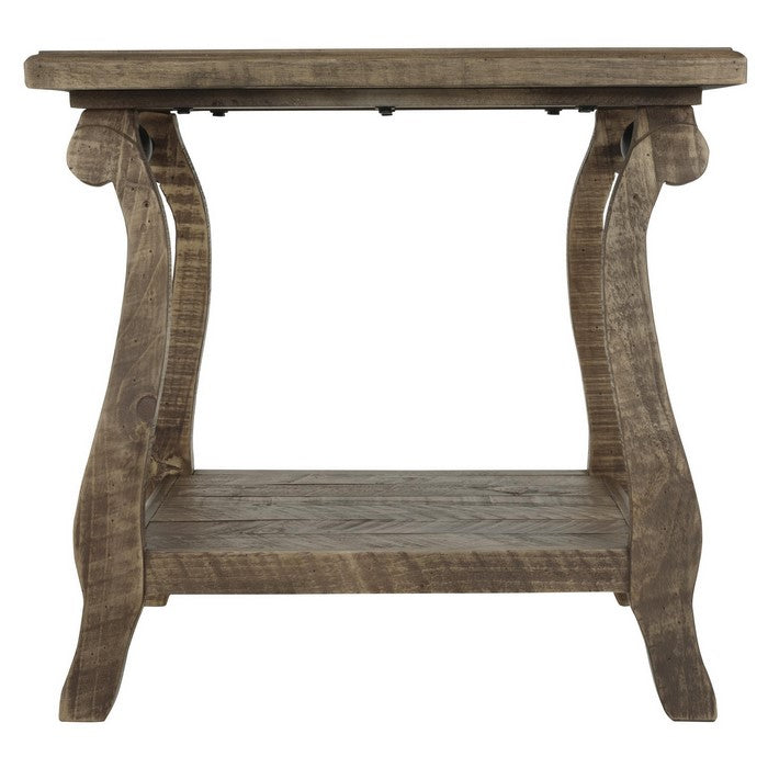 Plank Style Wooden End Table with Open Bottom Shelf and Metal Bar, Brown