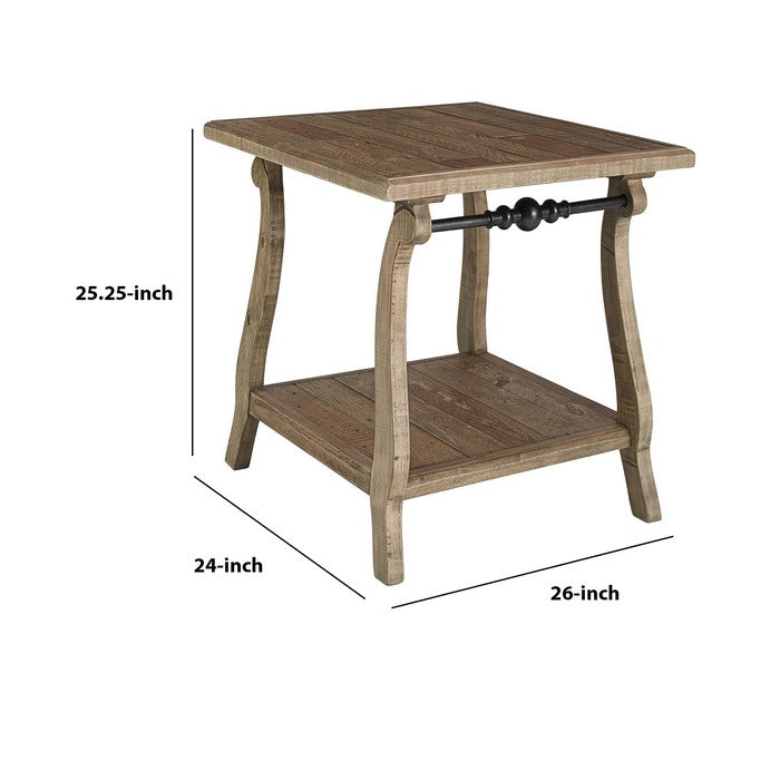 Plank Style Wooden End Table with Open Bottom Shelf and Metal Bar, Brown