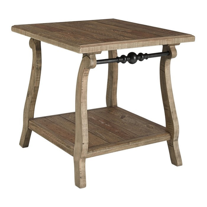 Plank Style Wooden End Table with Open Bottom Shelf and Metal Bar, Brown