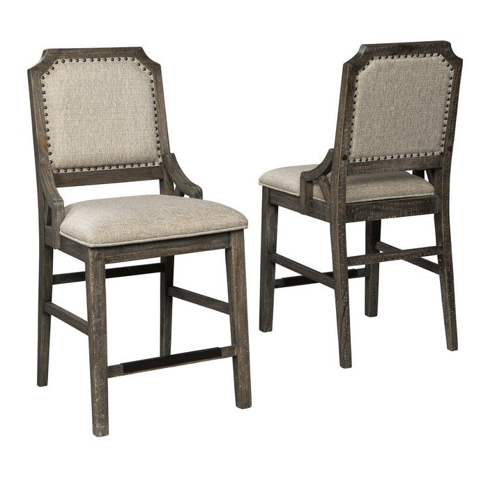 Transitional Wooden Barstool with Nailhead Trim, Set of 2, Brown