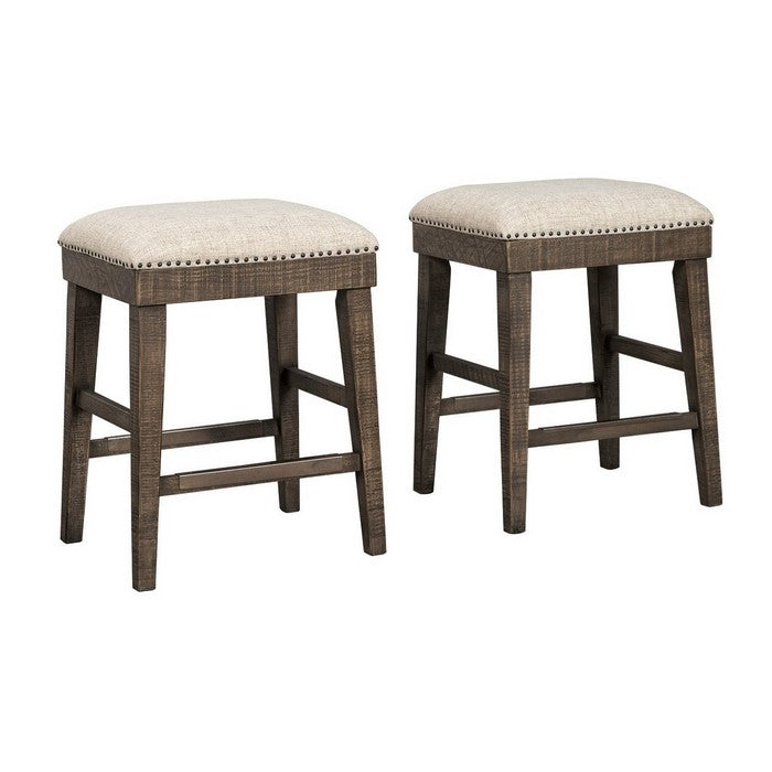 Transitional Armless Wooden Stool with Nailhead Trim, Set of 2, Brown