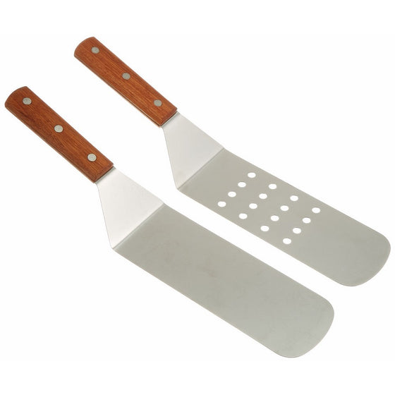 overstockedkitchen New Grill, Turner, Stainless Steel, Riveted Smooth Wood Handle, Commercial Grade, One Perforated & Solid Face Spatula, Set of 2