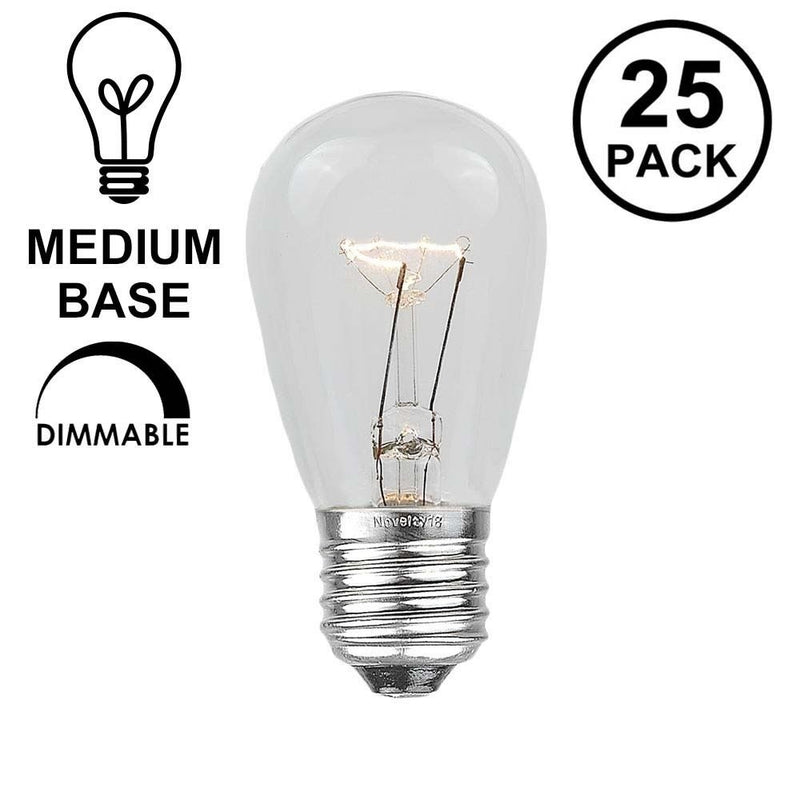 Novelty Lights 25 Pack S14 Outdoor Patio Party Replacement Bulbs, Clear, E26 Medium Base, 11 Watt