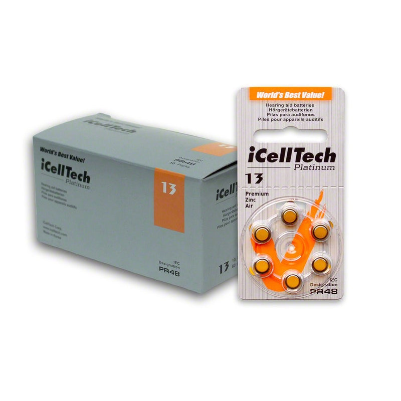 60 iCellTech Hearing Aid Batteries Size: 13  Battery Caddy