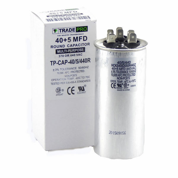 40/5 MFD Multi-Purpose 440 or 370 Volt Round Run Capacitor Replacement TradePro 405