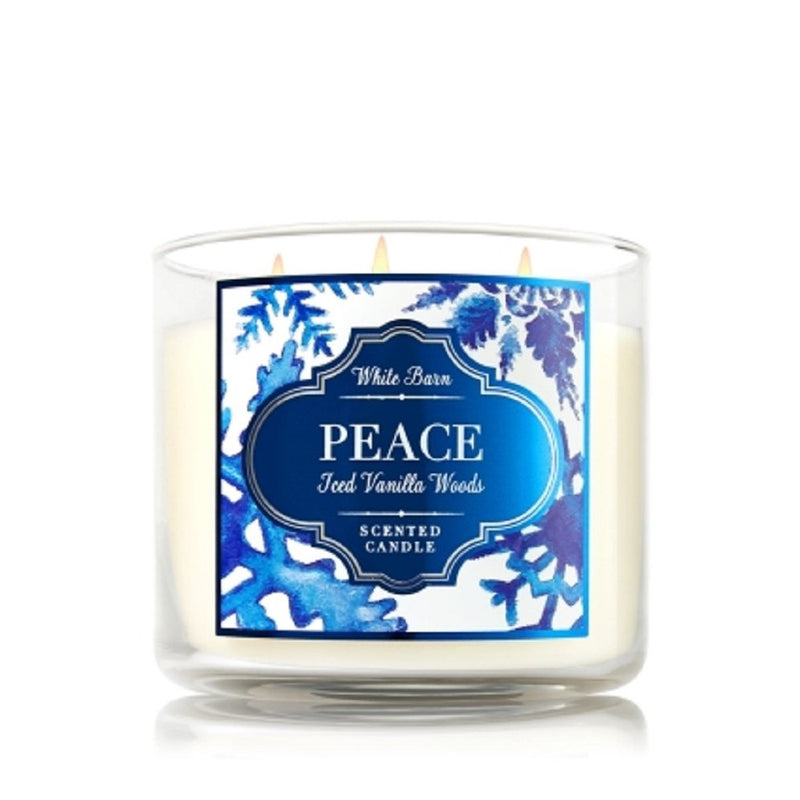 Bath & Body Works Candle 3 Wick White Barn 2015 Peace Iced Vanilla Woods