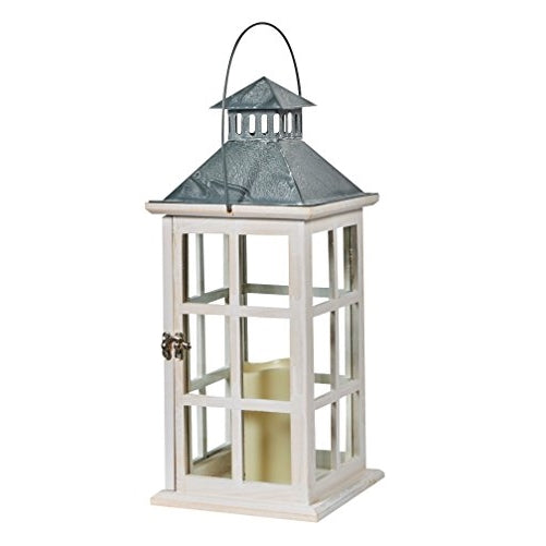 Smart Design 84068-LC Camden Lantern with LED Candle, Antiqued White Frame with Amber LED Light, Crafted From Wood with Tin Top and Glass Panes
