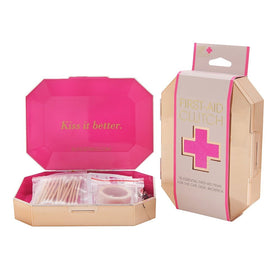 BLINGSTING First Aid Kit Clutch Travel Case with 75 Essential Emergency Supplies Items and Accessories, Metallic Rose Gold