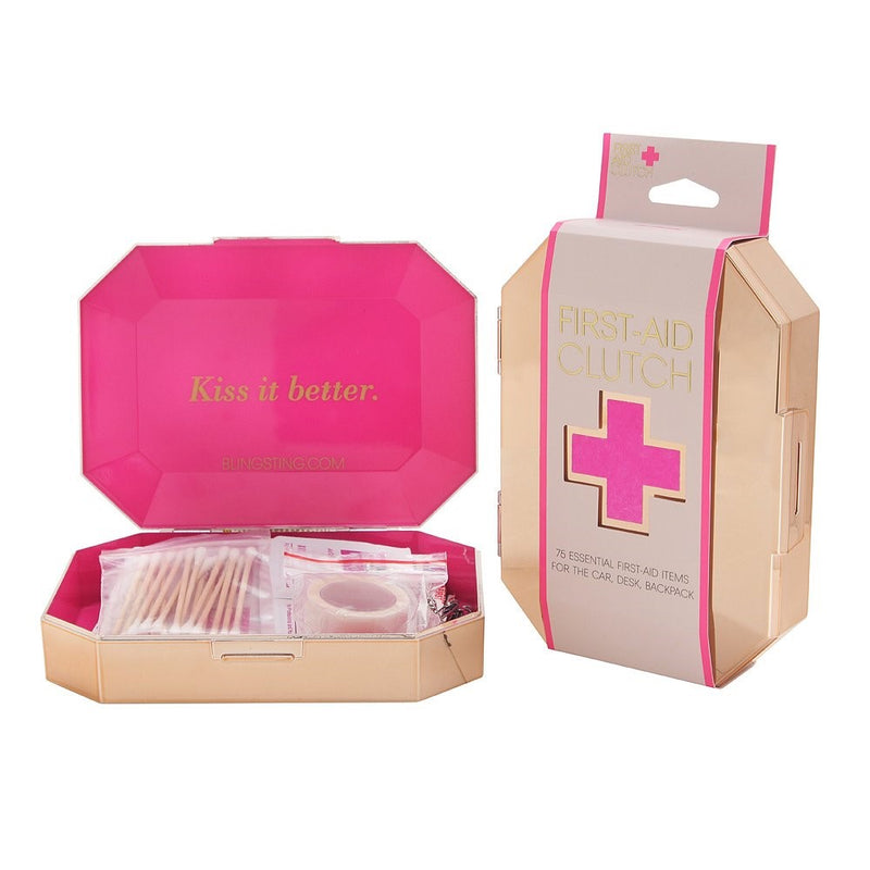BLINGSTING First Aid Kit Clutch Travel Case with 75 Essential Emergency Supplies Items and Accessories, Metallic Rose Gold