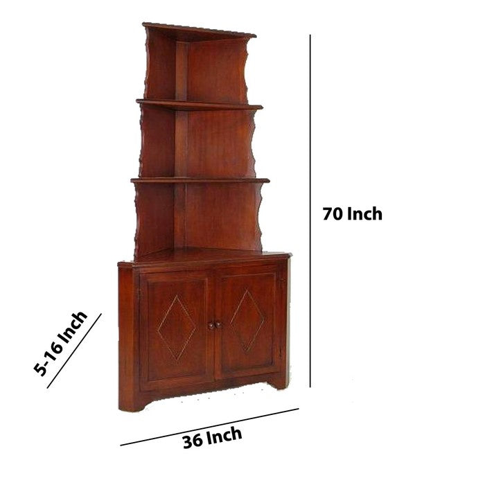 Wooden Corner Bookcase with 3 Shelves and 1 Cabinet, Brown