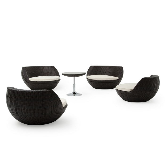 Contemporary Wicker Outdoor Seating with Glass Round Table, Set of 5, Brown