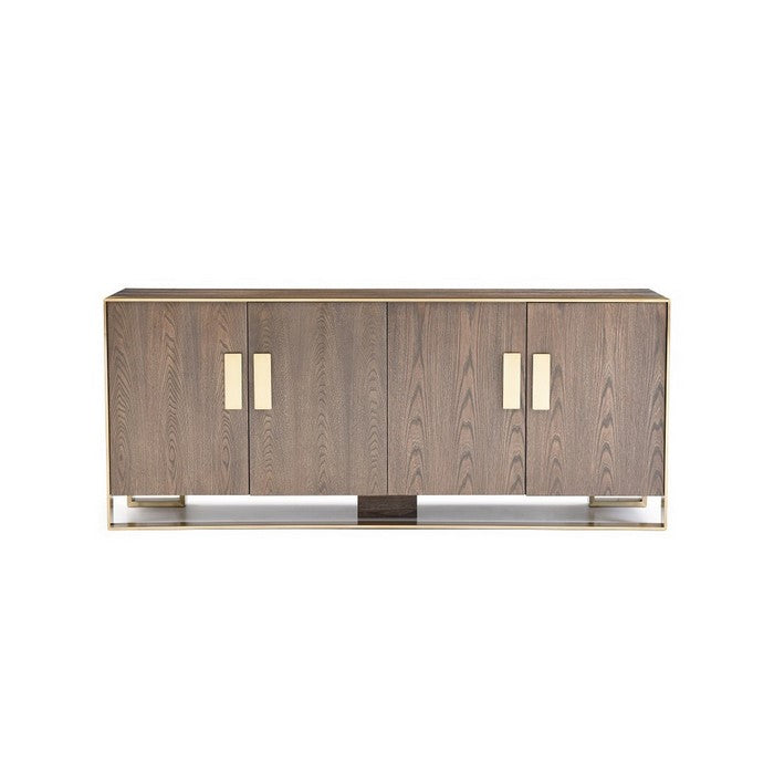 4 Door Modern Buffet with Sled Base and Antique Brass Handle , Brown