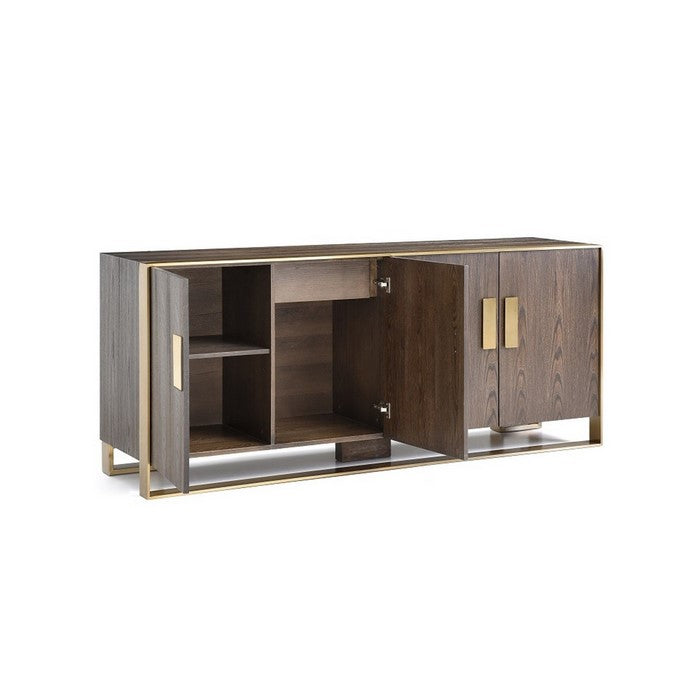 4 Door Modern Buffet with Sled Base and Antique Brass Handle , Brown
