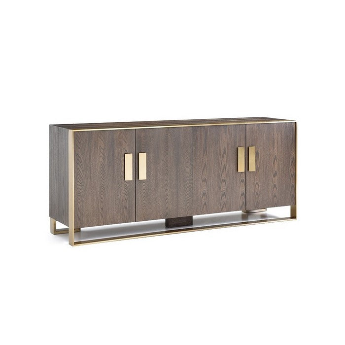 4 Door Modern Buffet with Sled Base and Antique Brass Handle , Brown