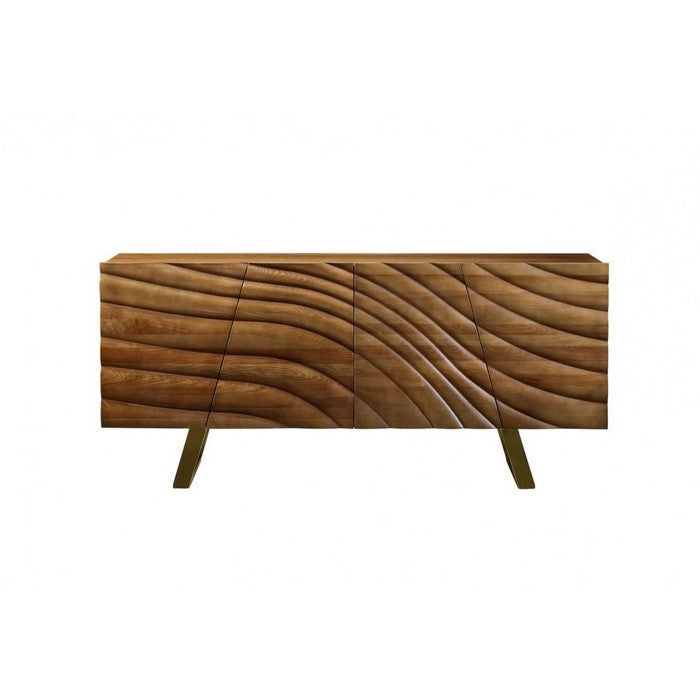 4 Door Modern Buffet with Streamline Pattern and Sled Base, Brown and Gold