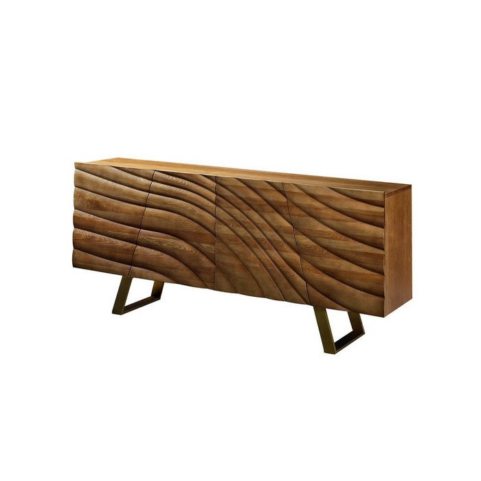 4 Door Modern Buffet with Streamline Pattern and Sled Base, Brown and Gold