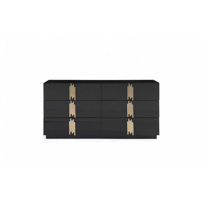 6 Drawer Dresser with Multiple Tube Metal Handle, Black and Gold