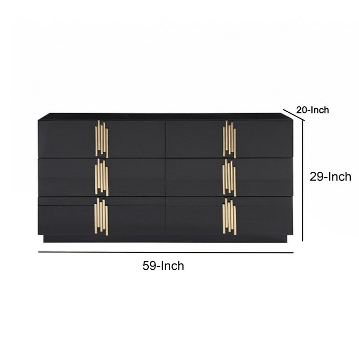 6 Drawer Dresser with Multiple Tube Metal Handle, Black and Gold