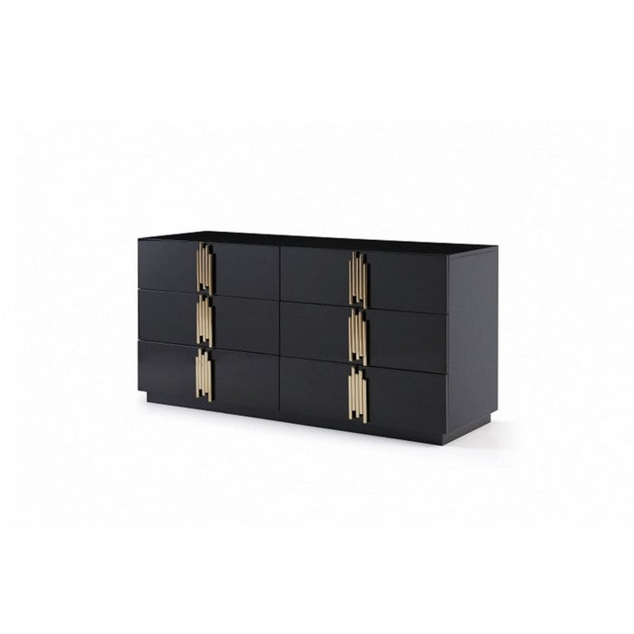 6 Drawer Dresser with Multiple Tube Metal Handle, Black and Gold