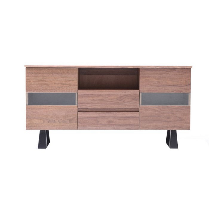 2 Door Modern Buffet with 2 Drawers and Angled Sled Base, Walnut Brown