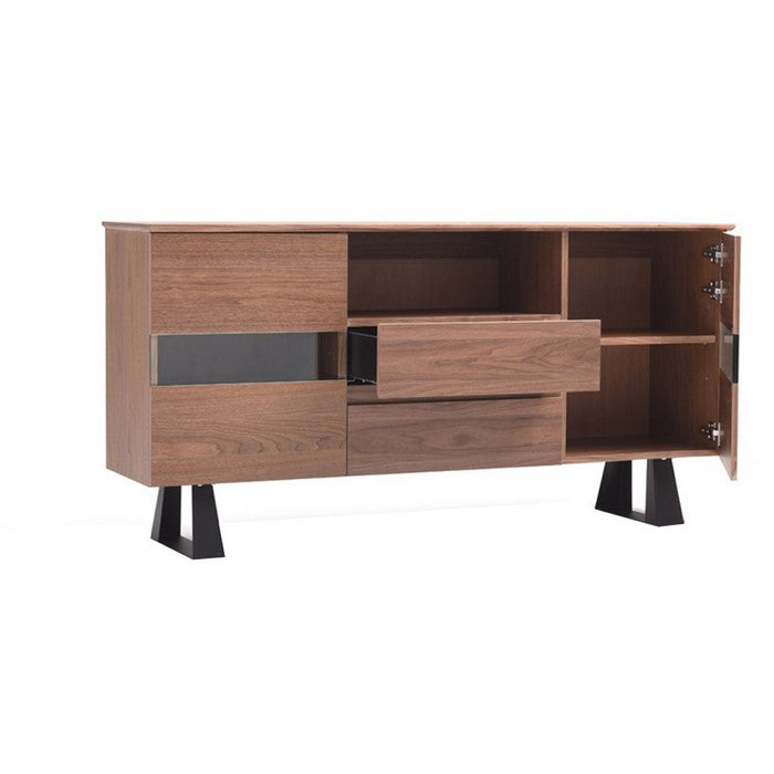 2 Door Modern Buffet with 2 Drawers and Angled Sled Base, Walnut Brown