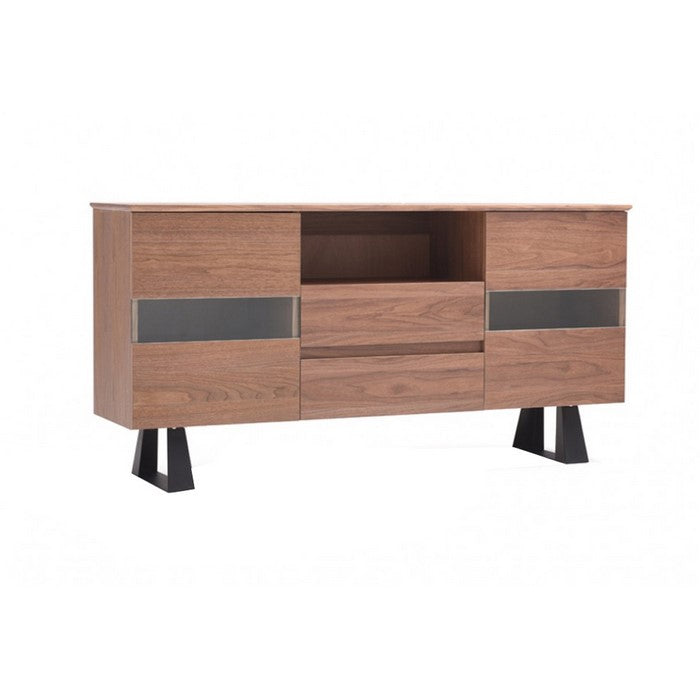 2 Door Modern Buffet with 2 Drawers and Angled Sled Base, Walnut Brown