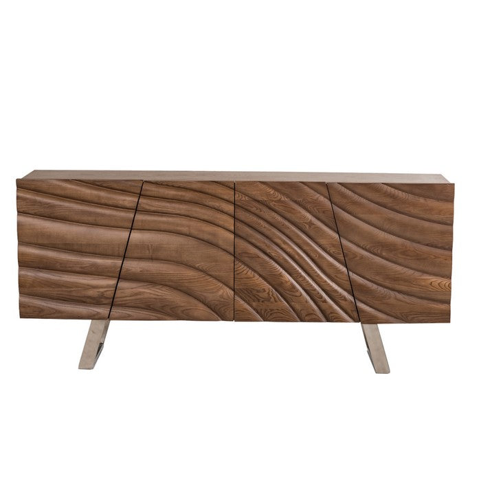 4 Door Modern Buffet with Streamline Pattern and Sled Base, Walnut Brown