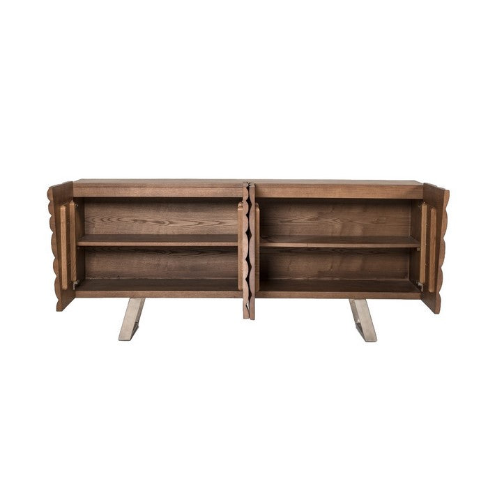 4 Door Modern Buffet with Streamline Pattern and Sled Base, Walnut Brown