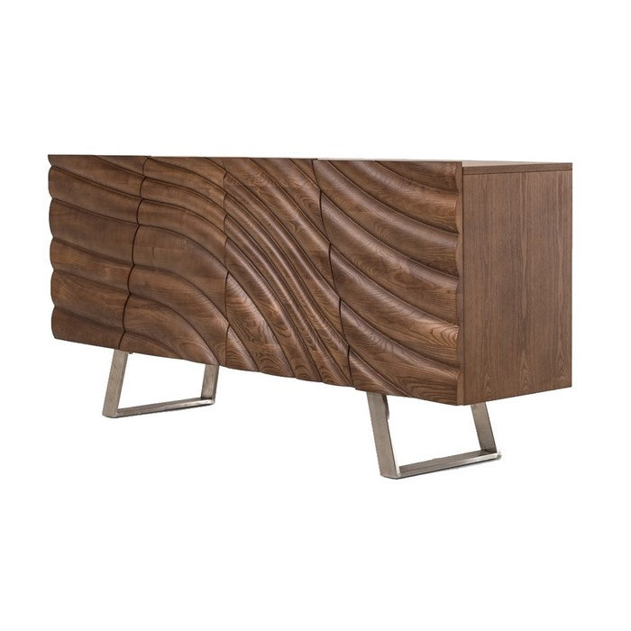 4 Door Modern Buffet with Streamline Pattern and Sled Base, Walnut Brown
