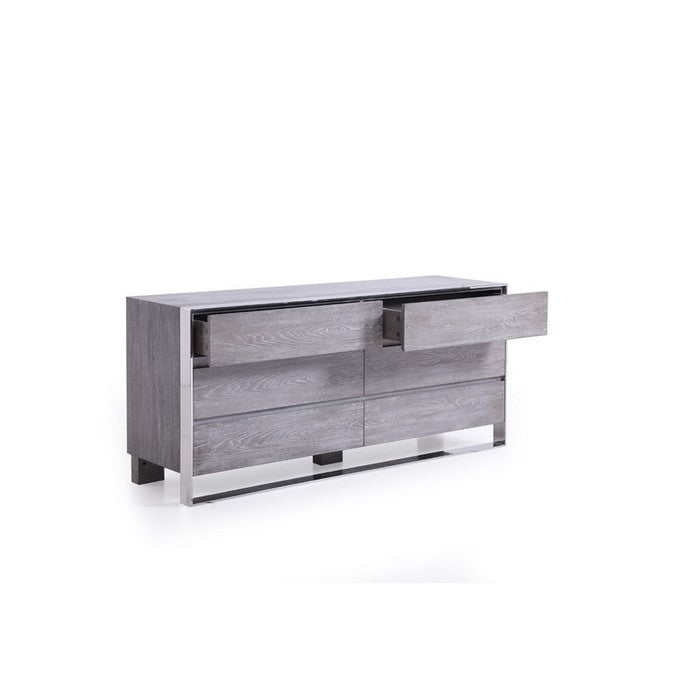 6 Drawer Dresser with Front Metal Sled Base and Block Legs, Gray