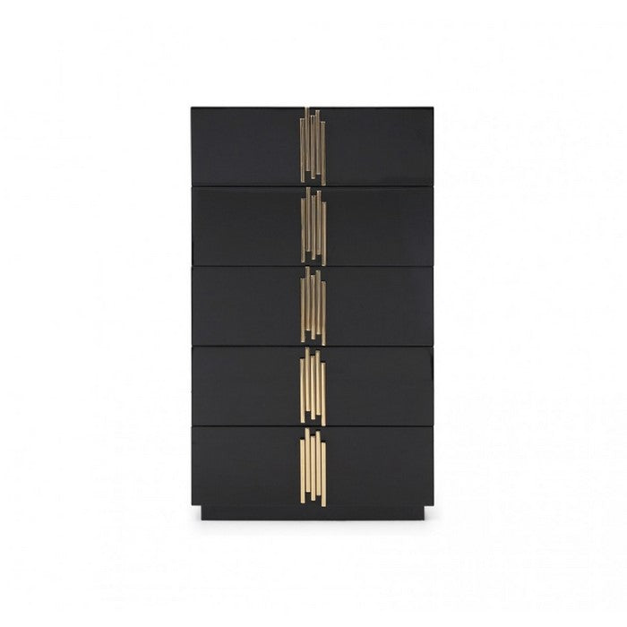 5 Drawer Chest with Multiple Tube Handle, Black and Gold